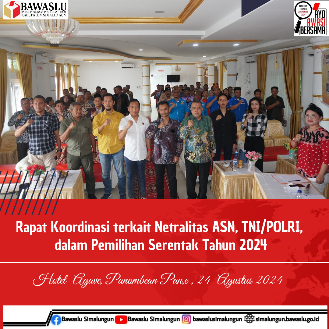 Foto bersama Bawaslu Simalungun dengan Stakeholder dalam acara Rakor Netralitas ASN, TNI dan Polri pada Pilkada 2024.