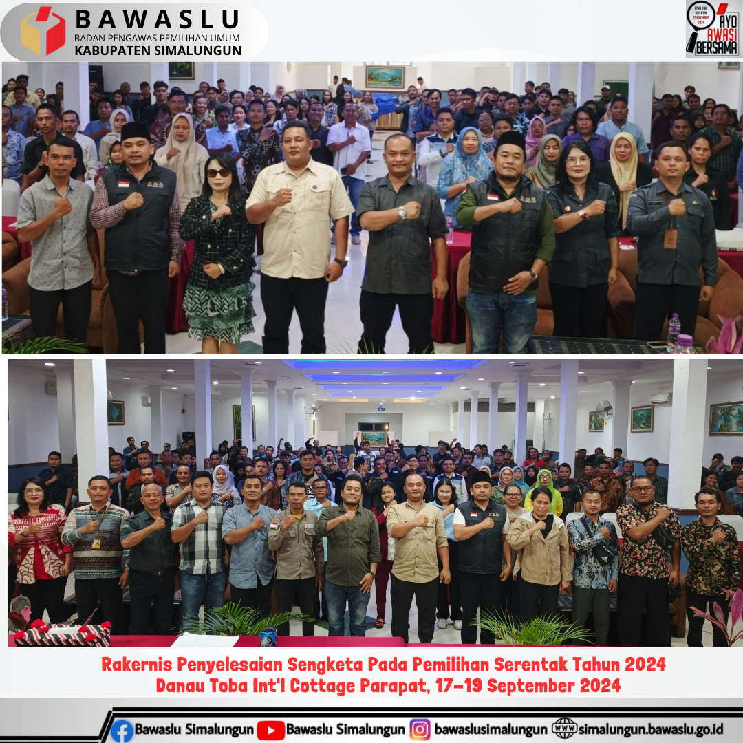 Foto bersama Pimpinan Bawaslu Simalungun dengan peserta rakernis dan narasumber 